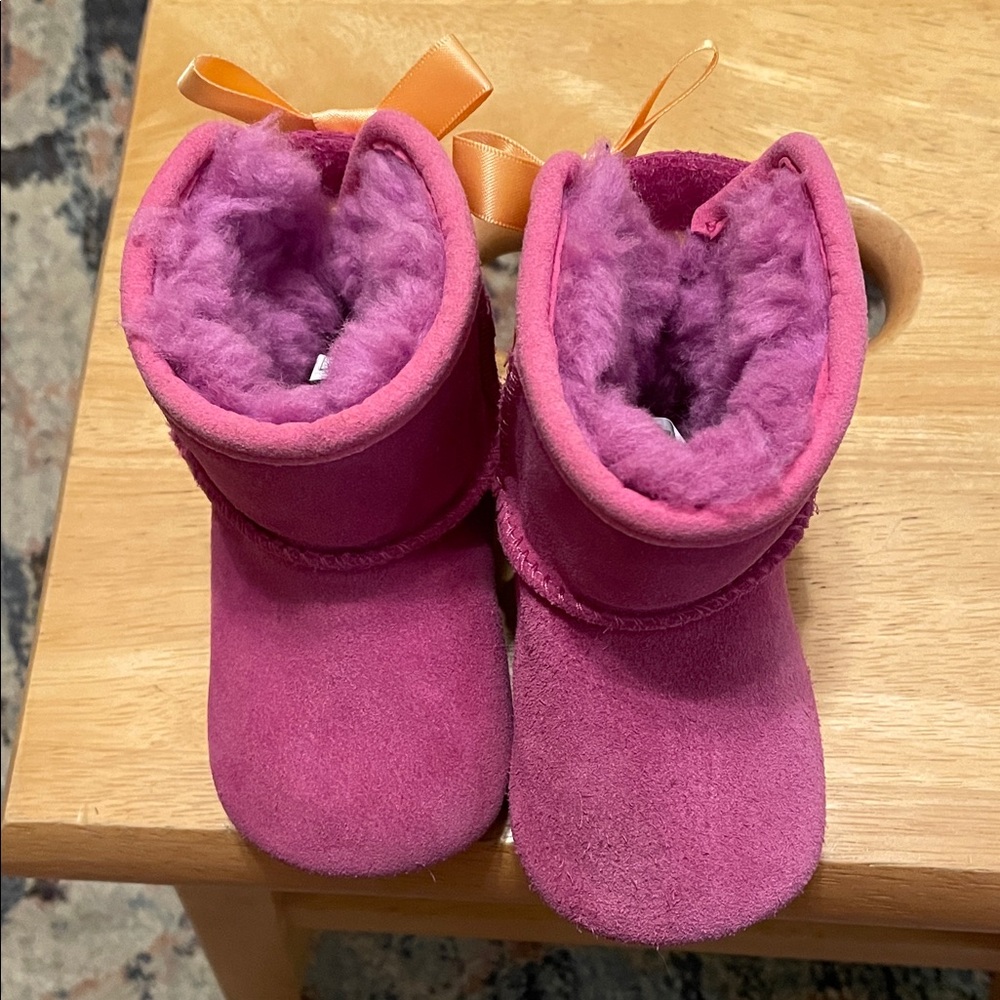 UGG Kids Pink Purple Shearling Booties with Orange Ribbon